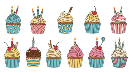 A vibrant collection of hand-drawn birthday cupcakes with colorful frosting and festive candles