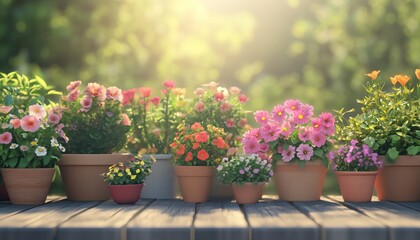 Colorful Flower Pots Arranged on a Wooden Table in a Sunny Garden Setting During the Afternoon