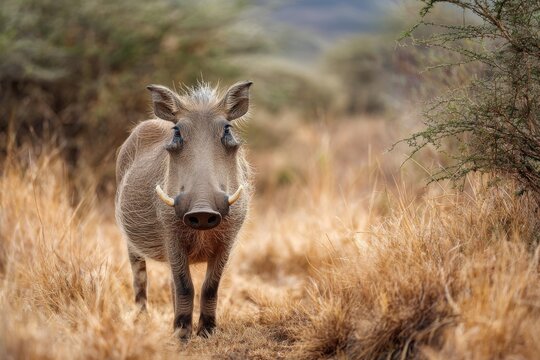 Warthog explores a protected wilderness area in the early morning light surrounded by golden grasses and shrubs - Powered by Adobe