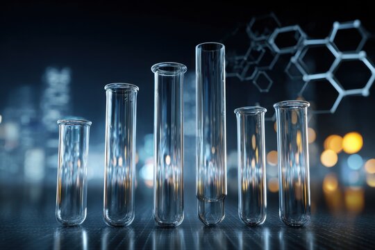 Array of empty science laboratory test tubes arranged in a gradient pattern against a blurred background of city lights and molecular structures