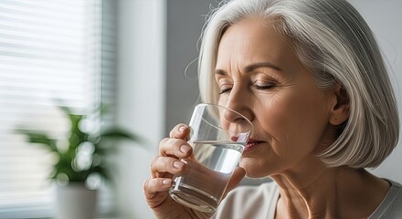 Silver-haired woman gracefully hydrates, embracing the essence of healthy aging