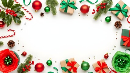 Christmas Border with Gift Boxes, Ornaments, Holly Leaves, and Red Gift Tag on White Background