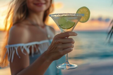 Female hand holding a refreshing classic lime Margarita cocktail glass with a salty rim against a beautiful tropical beach sunset background.