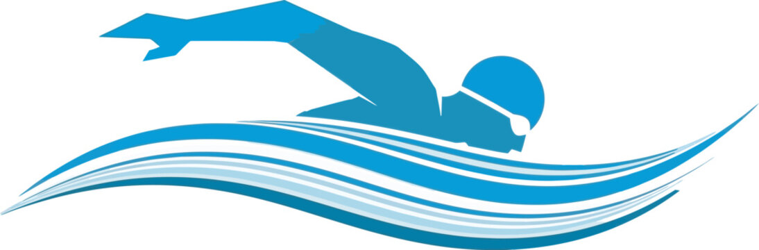 Striking blue silhouette of a swimmer executing the freestyle stroke, riding stylized blue waves. This icon is excellent for aquatic sports branding, swim clubs, pools, fitness training, and triathlon