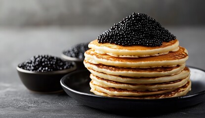 Stack of Fluffy Pancakes Topped With Caviar Served on a Black Plate
