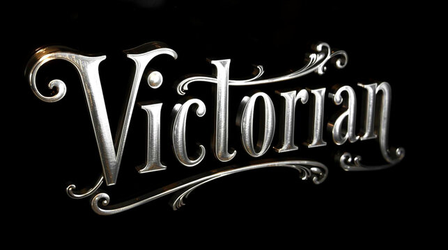 Ornate silver metallic word victorian with elegant flourish typography on black