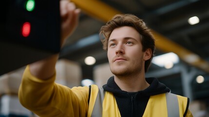 A warehouse worker scanning items while a red-green fulfillment indicator updates overhead on a large LED display — logistics efficiency, smart inventory systems, and automated warehouse workflow.