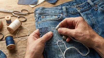 Close up of hands sewing decorative patch on blue jeans using needle and white thread on wooden table