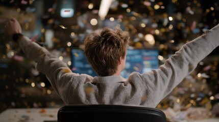 A startup founder celebrating the first user milestone, confetti flying as real-time analytics dashboards spike upward — digital growth momentum, community building, and early traction excitement.