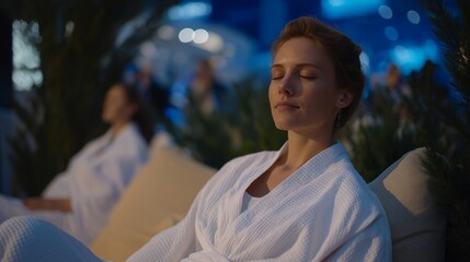 A wellness booth offering quick aromatherapy sessions, soft diffused lighting and calming tones drawing visitors into a serene corner amidst a busy expo hall — relaxation pop-up, wellness marketing