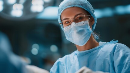 A surgeon using a state-of-the-art laser scalpel during a minimally invasive procedure, sterile lights reflecting off medical instruments — precision medicine, advanced surgical tools, and