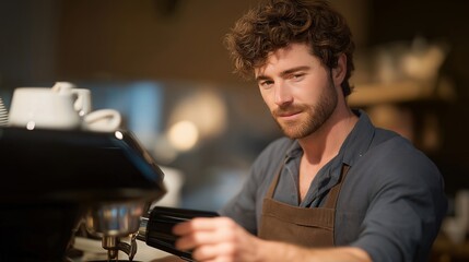 A barista calibrating an espresso machine early in the morning, adjusting grind size and flow rate to achieve perfect extraction — specialty coffee preparation, beverage precision, and artisan café