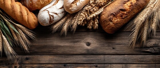 Freshly baked breads and golden wheat arranged on a rustic wooden surface showcasing the essence of artisanal baking in a warm setting