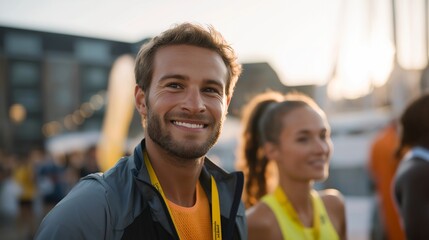 A runner participating in a charity race, wearing a participant bib and sharing a warm smile with other runners at the starting line — community event, feel-good sports spirit, and purposeful