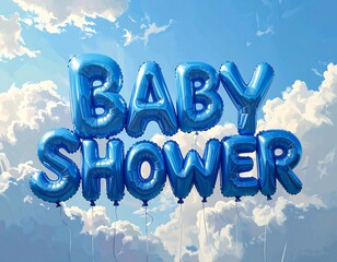 Blue Baby Shower Balloons Floating in a Bright Cloudy Sky.
