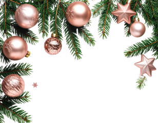 Luxurious rose-gold Christmas frame with green pine foliage and festive ornaments on a clean white backdrop, elegant winter holiday banner design, isolated on a transparent background, PNG