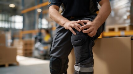 A warehouse worker wearing proper steel-toe boots and knee pads while demonstrating safe box-lifting techniques, reducing risk of sprains and workplace injuries — occupational safety, manual