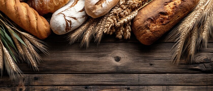Freshly baked breads and golden wheat arranged on a rustic wooden surface showcasing the essence of artisanal baking in a warm setting - Powered by Adobe