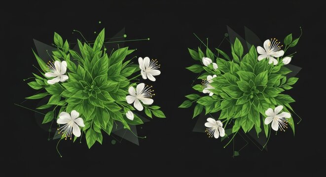 White Flowers and Green Leaves on Black Background - Powered by Adobe