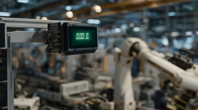 A manufacturing line with a bright stack-light indicator switching from yellow to green, signaling flawless batch production as robots move in sync — industrial automation, safety signaling, and