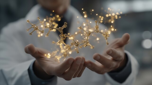A scientist studying a wire-frame molecular structure on a floating hologram, each atom represented by geometric points connected by glowing lines — molecular modeling, scientific simulation, and