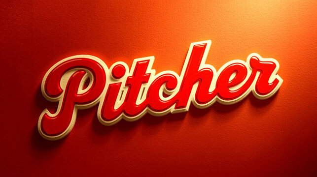 Retro 3d text effect for the word pitcher in red and white color
