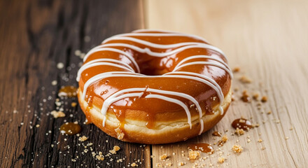 Indulge in a delectable donut with caramel drizzle and white frosting on rustic wood, perfect for dessert cravings or sweet treat promotions