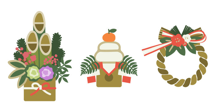 お正月飾り 門松・鏡餅・しめ飾り　ナチュラルカラーのイラストセット