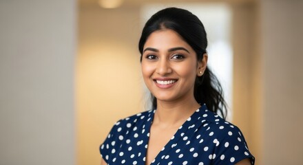 Smiling young indian woman in polka dot dress