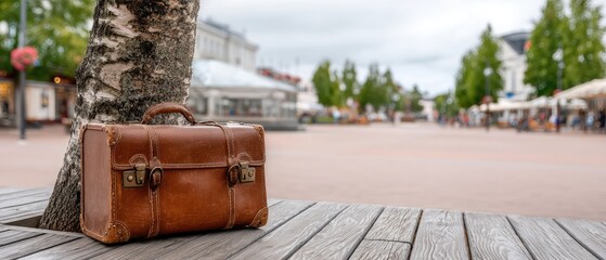Vintage brown suitcase resting on a wooden bench in a quiet town square during a cloudy afternoon
