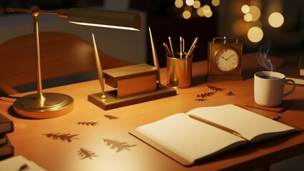 Cozy desk setup with an open book, coffee, and a lamp, creating a warm and inviting atmosphere for work or study