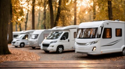 Camping vans lined up in a serene forest setting during autumn with golden leaves and warm sunlight glowing through trees
