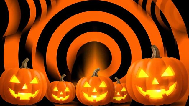 Spooky Halloween Pumpkins with Glowing Faces in Front of a Swirling Orange and Black Background with Fiery Accents and Reflective Surface