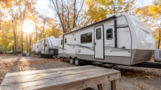 Late afternoon sunlight casts a warm glow on parked recreational vehicles surrounded by autumn trees in a serene camping area