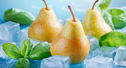 Fresh Pears Resting on Ice With Green Basil Leaves in a Bright Setting