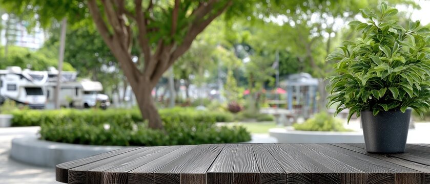 Outdoor scene featuring a wooden table in a park with green trees, a potted plant, and a glimpse of recreational vehicles nearby