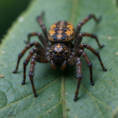 Fototapeta premium Close-up of a spider patiently waiting on green leaves, highlighting its detailed body.