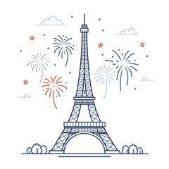 Fototapeta premium A minimal Eiffel Tower design accented with small abstract fireworks creating a festive modern visual highlighting