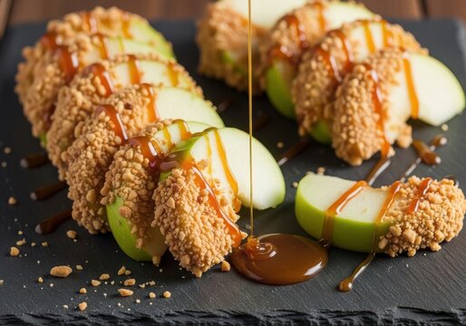 Close up of sliced green apple wedges coated in crunchy topping and drizzled with rich caramel sauce on dark slate - Powered by Adobe