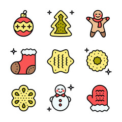 Christmas cookies color icons set. Different gingerbread cookies symbols. Christmas signs depicting various festive elements, bringing holiday cheer and wintertime spirit.