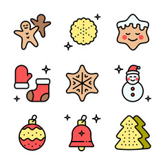 Christmas cookies color icons set. Different gingerbread cookies symbols. Christmas signs depicting various festive elements, bringing holiday cheer and wintertime spirit.
