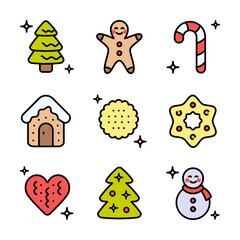Christmas cookies color icons set. Different gingerbread cookies symbols. Christmas signs depicting various festive elements, bringing holiday cheer and wintertime spirit.