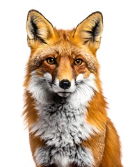 Fototapeta premium Captivating Red Fox Portrait with Intense Gaze on White Background.