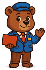 Friendly bear character in a blue suit holding a clipboard and greeting visitors with a welcoming smile