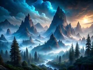 Misty mountain range at sunrise