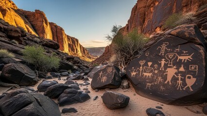 Ancient petroglyphs in a desert canyon at sunset with rocky terrain