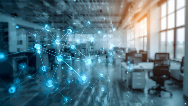 Digital Network Grid Overlay in Modern Blurry Office Setting