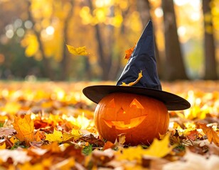 Carved pumpkin wearing a hat sits among vibrant autumn leaves, illuminated by the warm glow of fall sunlight
