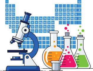 Colorful Chemistry Scene with Microscope, Laboratory Glassware, Bubbling Reactions, and Stylized Periodic Table for Educational Science Illustration