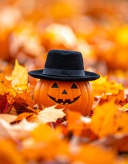 Carved pumpkin with a black hat sits nestled among vibrant orange autumn leaves in a softly focused outdoor setting